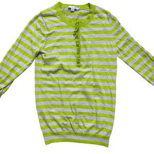 Boden Sweater Women's Sz 6 Green Striped 100% Wool Knit 3/4 Sleeve Lightweight